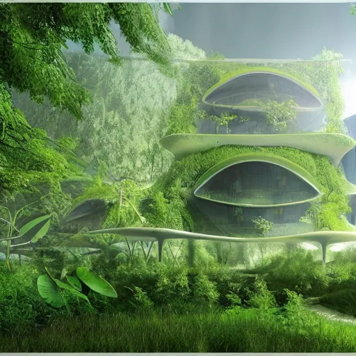 Image similar to bioclimatic biomimicry architecture with greens, realistic, artstation.