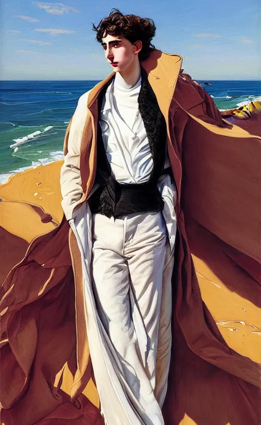 Image similar to Timothee Chalamet, the most beautiful androgynous man in the world, intense painting, sunny day at beach, +++ super supper supper dynamic pose,  digital art, art by j.c. leyendecker