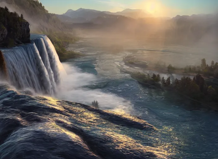 Image similar to cascade of multiple gigantic niagara falls, epic mountains in the background, sunrise, fantasy illustration, matte painting, concept art, low angle shot, volumetric lighting, volumetric atmosphere, morning mist, art by james gurney, unreal engine 5, 8 k