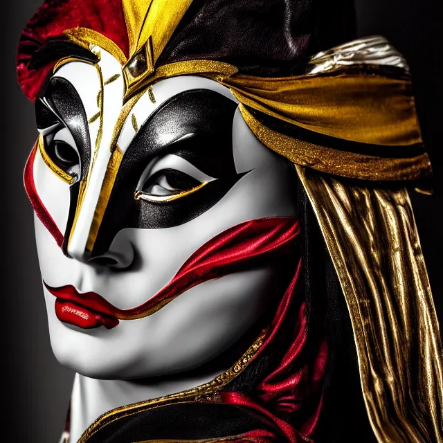 Image similar to full shot photo of a beautiful!! harlequin warrior with venetian mask highly detailed 8 k hdr smooth sharp focus high resolution award - winning photo photorealistic