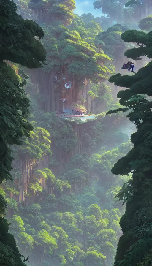 Image similar to A highly detailed matte painting of huge sector v treehouse by Studio Ghibli, Makoto Shinkai, by Artgerm, by beeple, by Greg Rutkowski, volumetric lighting, octane render, 4K resolution, trending on artstation, masterpiece