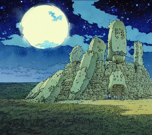 Image similar to hyperrealist studio ghibli watercolor fantasy concept art of an immense ufo from howl's moving castle sitting on stonehenge like a stool. it is a misty starry night. by rebecca guay, michael kaluta, charles vess