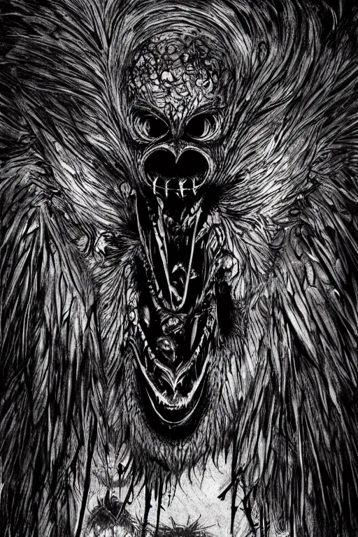 Image similar to crow monster, fangs, highly detailed, digital art, sharp focus, trending on art station, kentaro miura manga art style