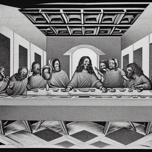 Image similar to the last supper, planetoid by mc escher