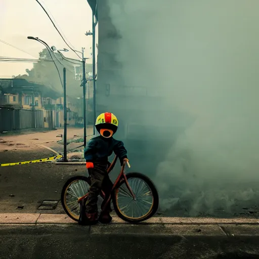 Image similar to a photo of a boy wearing a hazmat suit, riding a bike, side-view, smoke in the background, filthy streets, broken cars. Vines growing. Jpeg artifacts. Full-color photo. Color color color color color. Award-winning photo. Samyang/Rokinon Xeen 50mm T1.5