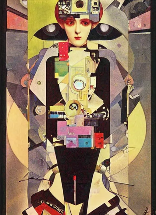 Prompt: cute punk goth fashion fractal mecha blonde girl wearing a television tube helmet and kimono made of circuits and leds, Techno surreal Dada collage by Man Ray Kurt Schwitters Hannah Höch Alphonse Mucha Beeple