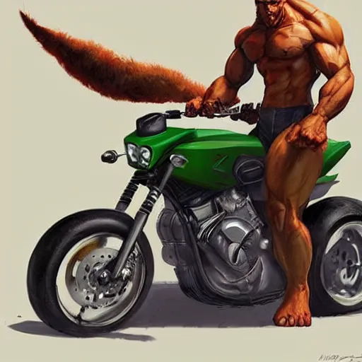 Prompt: A rabbit with the body of the Hulk and with a motorcycle by his side, Greg rutkowski, trend in artstation, cinematographic