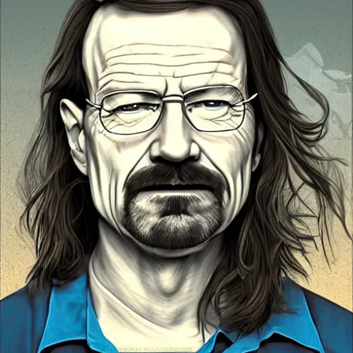 Image similar to a detailed portrait of walter white with long hair, art illustration, incredibly highly detailed and realistic, 8 k, sharp focus