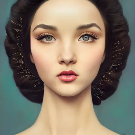 Prompt: tom bagshaw portrait, beautiful asian mix of dove cameron madison beer bella poarch in a full dress body, 1 9 5 0 pinup look, professionally retouched, focus eyes, ultra realistic soft painting, insanely detailed linework, symmetrical accurate intricate features, behance, 8 k