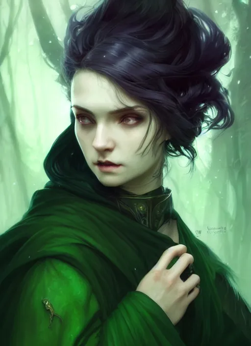 Image similar to side portrait dark witch with hood, adventurer outfit large cloak, fantasy forest landscape, moonshine, fantasy magic, undercut hairstyle, short green black fade hair, dark light night, intricate, elegant, sharp focus, illustration, highly detailed, digital painting, concept art, matte, art by WLOP and Artgerm and Greg Rutkowski and Alphonse Mucha, masterpiece