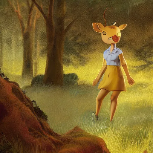 Image similar to concept art painting of an anthropomorphic chubby doe wearing yellow dress, in the deep forest, realistic, detailed, cel shaded, in the style of makoto shinkai and greg rutkowski and james gurney