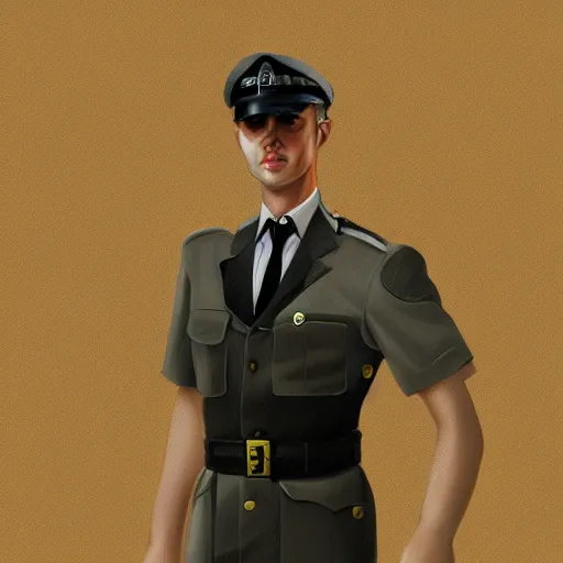 Prompt: pale skin security officers beige uniform - - - blue pants trending on artstation high detail digital painting