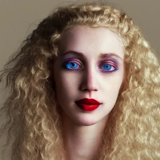 Image similar to a beautiful english woman with a long face narrow nose pale skin blue eyes red lips and wild messy tangles of curly white blonde hair, high resolution film still, sandy, a journey to the west