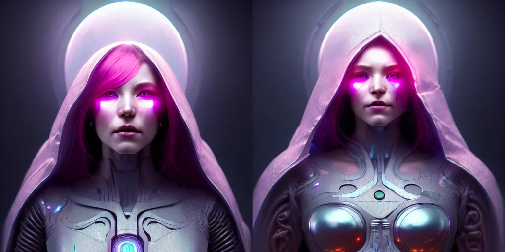 Image similar to ultra detailed female android deity, wearing a cloak, ethereal flowerpunk, scifi, fantasy, cyberpunk, octane render, unreal engine, asymmetrical!!! intricate concept art, triadic color, art by artgerm and wlop and giger and greg rutkowski and alphonse mucha, 8 k