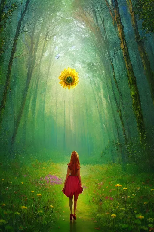 Image similar to giant daisy flower head, girl walking in a green forest, surreal photography, sunrise, dramatic light, impressionist painting, colorful clouds, digital painting, artstation, simon stalenhag