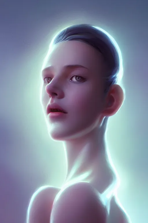 Image similar to Bioluminescent, Her breath shot a haze of steam out into the frosty morning air concept, soft light, soft mood, realistic body features and face, illustration, painting oil on canvas by Elena Zhurikhina and Goro Fujita and Charlie Bowater, octane render trending on artstation, 4k, 8k, HD