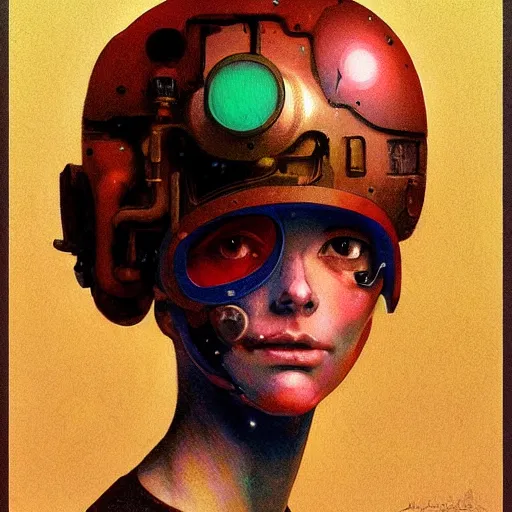 Prompt: complimentary color portrait of technically advanced diesel punk beautiful female wearing a strange helmet in the style of malcolm liepke, anime, award - winning realistic sci - fi concept art by beksinski, picasso masterpiece, complimentary colors, james gilleard, bruegel, greg rutkowski, alphonse mucha, and yoshitaka amano