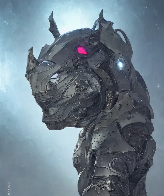 Prompt: an anthropomorphic rhinoceros portrait wearing a sci fi armor, surrealism , scifi, intricate mecha armor, elegant, highly detailed cybernetic body armor, neon glowing eyes, digital painting, artstation, concept art, smooth, sharp focus, illustration, art by Artgerm and moebius and Peter Mohrbacher,