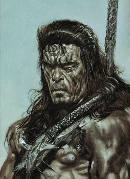 Prompt: An ultra-detailed ,hyperrealistic, face-centered portrait of Conan the barbarian in battling skeleton warriors, by John Buscema , Frank Frazetta and Bill Sienkiewicz, trending on marvel, trending on artstation