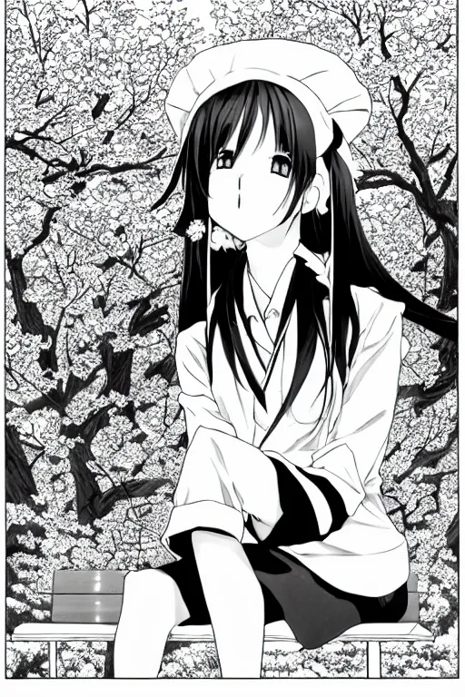 Image similar to black and white manga page, highly detailed pen, shoujo romance, two girls, first girl with long dark hair in sailor uniform, second girl with short light hair in pant suit, sitting on bench, cherry blossom tree in background with petals floating, drawn by Atsushi Ohkubo