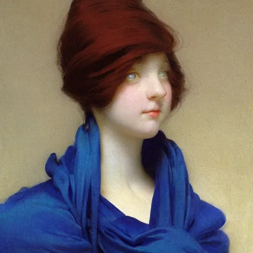 Image similar to a young woman's face, her hair is white and she wears a cobalt blue satin cloak, by ivan aivazovsky and syd mead and moebius and gaston bussiere and roger dean and pieter claesz and paul delaroche and alma tadema and aelbert cuyp and willem claesz, hyperrealistic, volumetric light, octane render