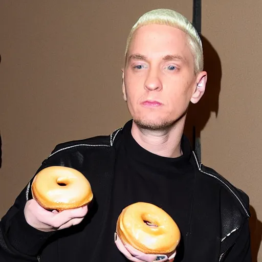 Prompt: Eminem with a donut looking happy