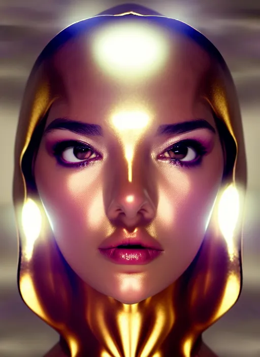 Prompt: a gorgeous female photo, professionally retouched, soft lighting, wearing shiny gold catsuit, illuminated by floating, glowing alien symbols, realistic, smooth face, perfect eyes, wide angle, sharp focus on eyes, 8 k high definition, insanely detailed, intricate, elegant, art by artgerm and wlop