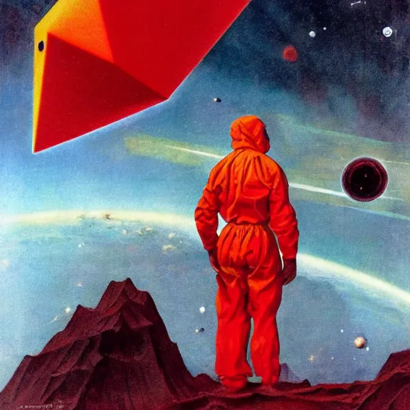 Prompt: scientist wearing a red hazmat suits reaching towards a giant diamond polyhedron hovering above with a nebula sky background by frank frazetta