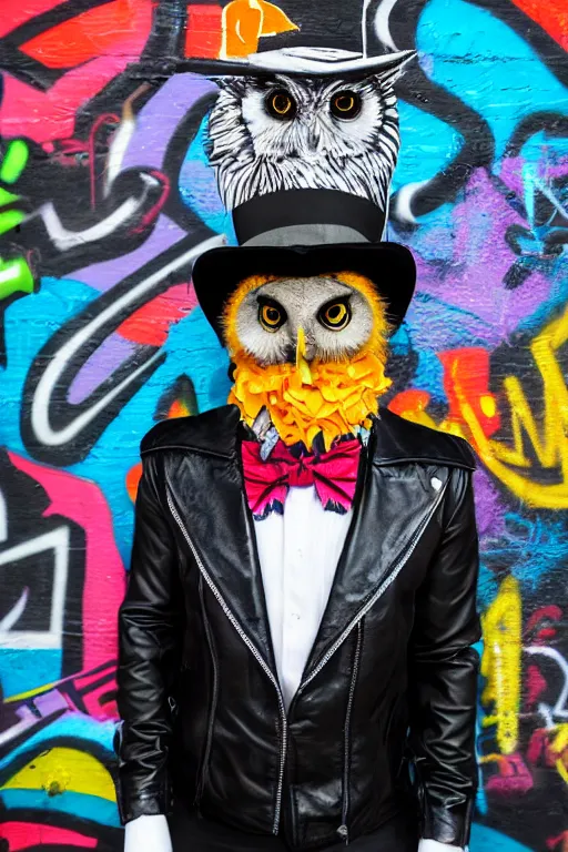 Prompt: gentleman owl with black biker jacket, portrait photo, shadow, wall with colorful graffiti, studio photo, suit, bow tie, tophat, tophat