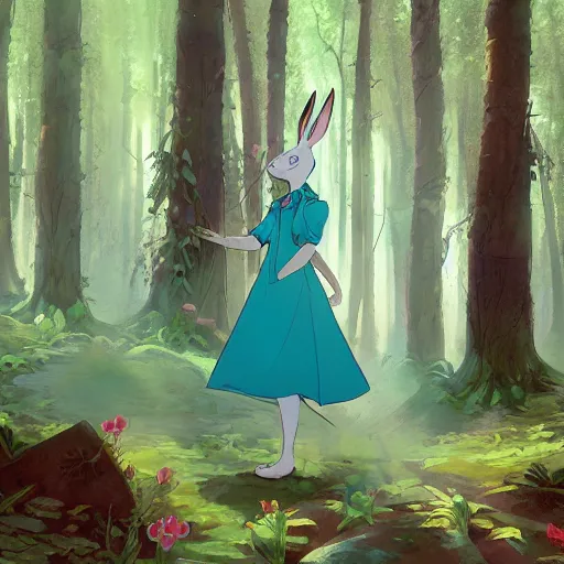 Image similar to concept art painting of an anthropomorphic white rabbit wearing a turquoise blouse, in the deep forest, realistic, detailed, cel shaded, in the style of makoto shinkai and greg rutkowski and james gurney