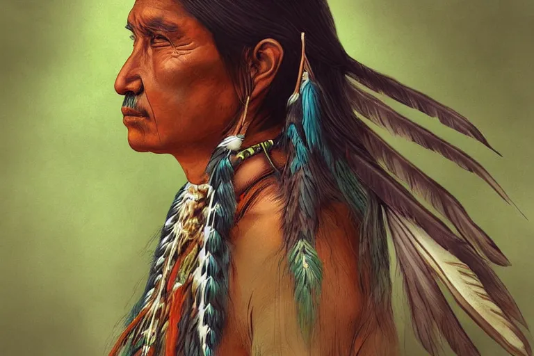 Image similar to digital art of an elegant native american thinking by flooko, forest, semi realism, detailed, ethereal, glows,