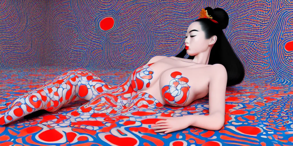 Image similar to hyperrealistic detailed image of a geisha laying in a art installation room, hd smooth interior by yayoi kusama, part by kei mieno, part by ross tran, dark art by james jean, ultra realistic, highly detailed, life like face, detailed body, 8 k, 3 d render by roger magrini, very cohesive, masterpiece