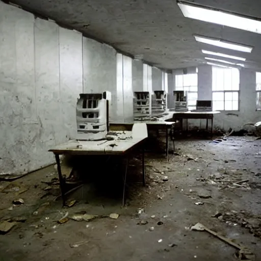 Prompt: wide angle shot of an abandoned computer lab from the 1 9 5 0 s