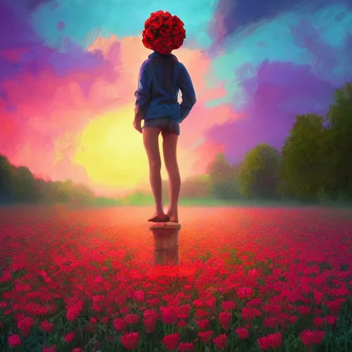 Image similar to large rose head, girl standing in a flower field, surreal photography, sunrise dramatic light, impressionist painting, colorful clouds, digital painting, artstation, simon stalenhag