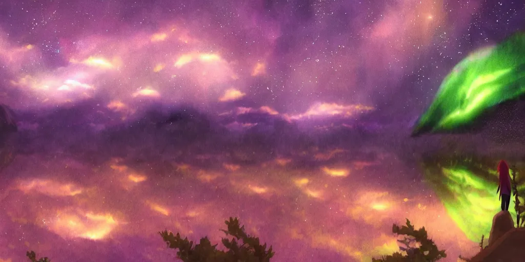 Prompt: patchouli walking in cloud pond forest dusk, fractal dreamscape, shattered sky cinematic, shooting stars, aurora borealis mirror reflection, vibrant colors, digital anime illustration, award winning, by makoto shinkai