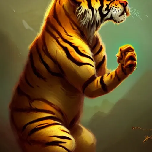 Prompt: cute little anthropomorphic tiger wearing safari outfit, ultra wide lens shot , tiny, small, short, cute and adorable, pretty, beautiful, DnD character art portrait, matte fantasy painting, DeviantArt Artstation, by Jason Felix by Steve Argyle by Tyler Jacobson by Peter Mohrbacher, cinematic lighting