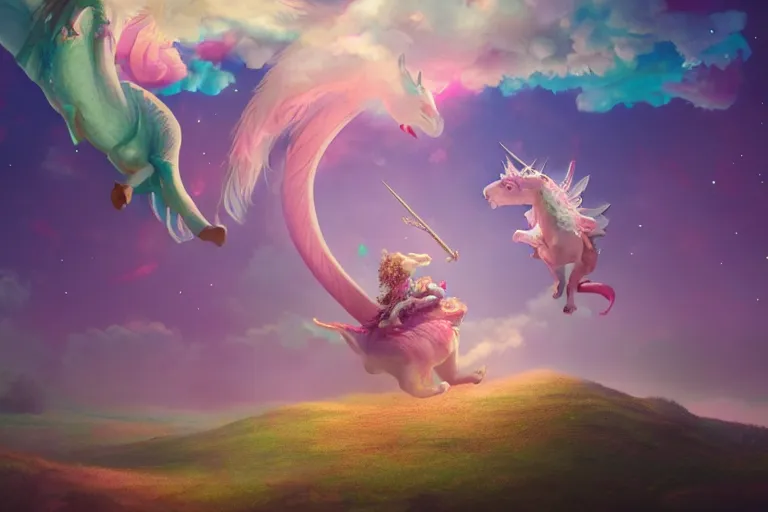Prompt: a dreamscape with candy in the sky and a dragon riding a unicorn, artstation, cgsociety, 4K