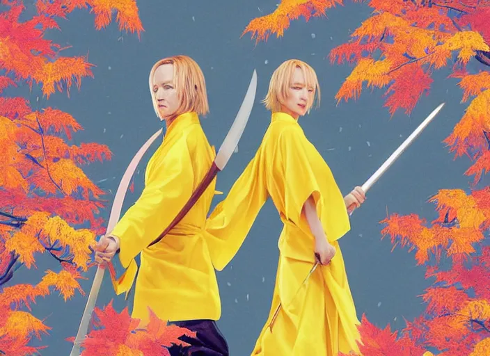 Image similar to breathtaking detailed pattern pastel colors, action scene from kill bill, with uma thurman ( kill bill ) in yellow kimono, with hatori hanzo katana sword and autumn leaves, by hsiao - ron cheng, bizarre compositions, exquisite detail, enhanced eye detail