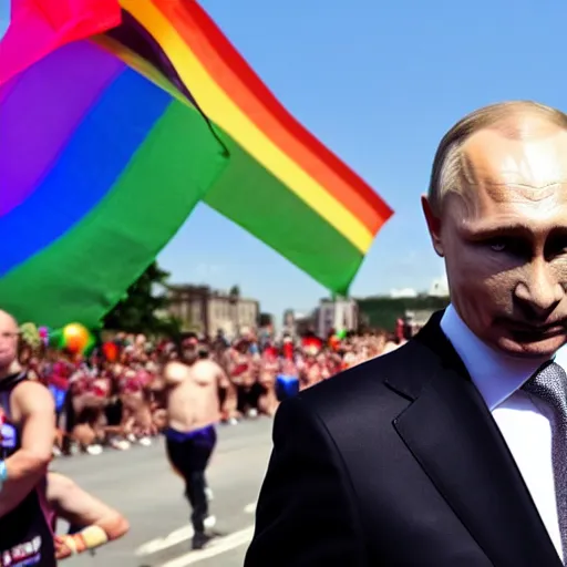 Image similar to photo of vladimir putin leading the gay pride parade, depth of field