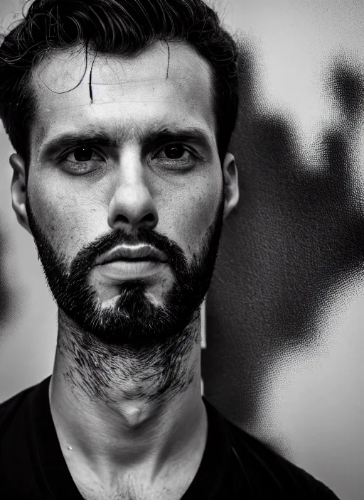 Prompt: black and white close - up shot, studio photograph of a male symmetrical handsome andrea belluci the painter artist, casual clothes, anxiety and depression, intricate, elegant, highly detailed, hyper realistic, dark background, flickr, smooth, 4 k, 3 0 0 dpi, sharp focus, shot by canon