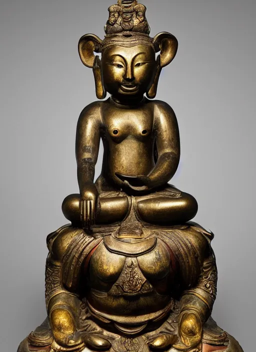 Image similar to photo of a magnificent gilt-bronze seated figure of bodhisattva, anthropomorphized asian black bear, head of an asian black bear, Early Ming dynasty, late 14th-15th century, studio lighting