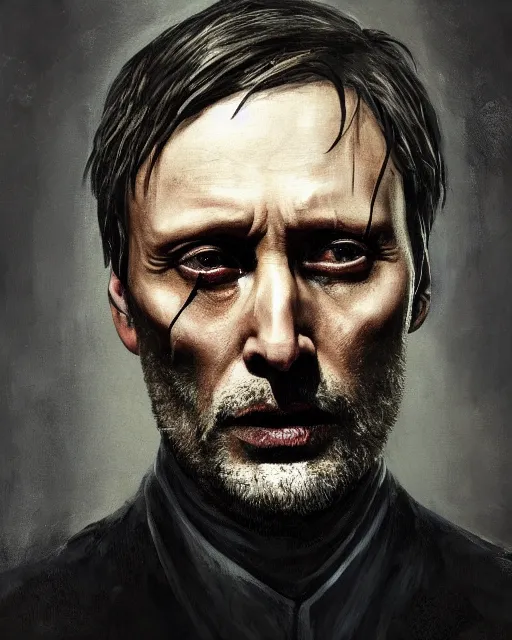 Prompt: mads mikkelson as clifford unger from death stranding, tears of tar, mysterious portrait, oil painting, black background