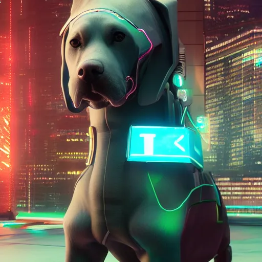 Image similar to cyberpunk dog, 4 k, 8 k, trending on artstation, artstationhd, artstationhq, octane render