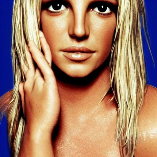 Image similar to portrait of britney spears with his hand on his face, extremely realistic and real, photorealistic, blonde hair and blue eyes, detailed facial structure, real eyes that are detailed