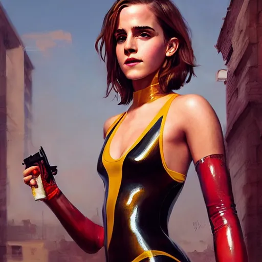 Image similar to highly detailed painting of emma watson wearing a latex suit, gta 5 cover art, stephen bliss, 8 k, by greg rutkowski, artgerm, loish, rhads, global illumination, radiant light, detailed and intricate environment