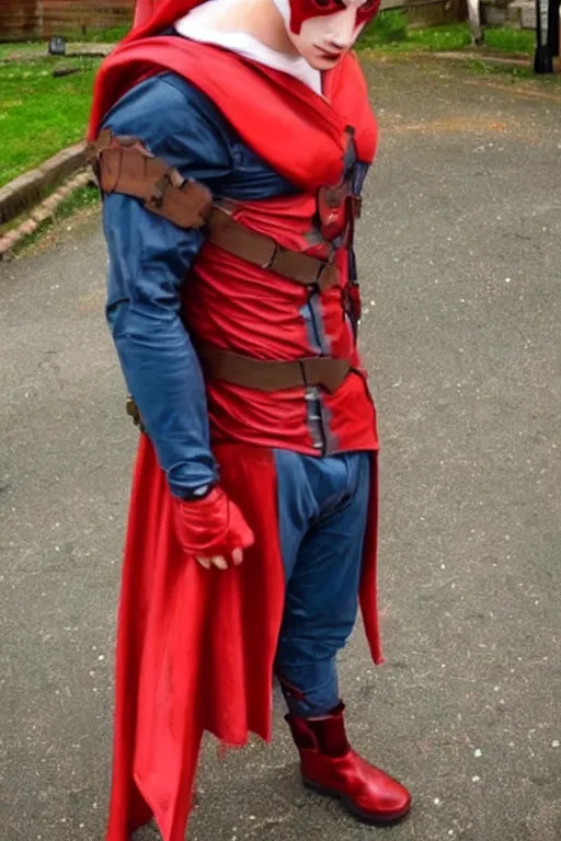 Image similar to red hood cosplay, creepy, disturbing