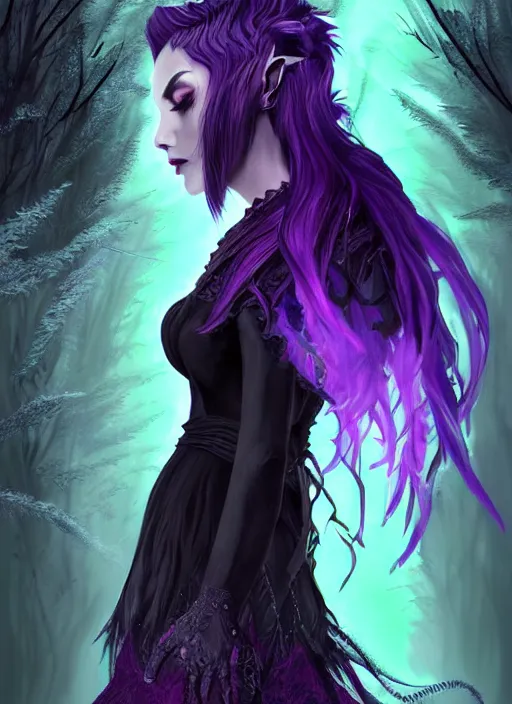 Image similar to side portrait dark witch, adventurer outfit large cloak, fantasy forest landscape, dragon scales, fantasy magic, undercut hairstyle, short purple black fade hair!!!!!!, dark light night, intricate, elegant, sharp focus, illustration, highly detailed!!!!!!!, digital painting, concept art, green neon smoke, matte painting, art by WLOP and Artgerm and Greg Rutkowski and Alphonse Mucha, masterpiece