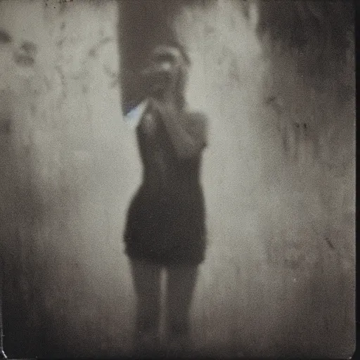 Image similar to an ancient evil-girl devouring the souls of the human kind on a mysterious Colombian jungle, mist, abandoned house, 1910 polaroid photography, grainy film, Black and white