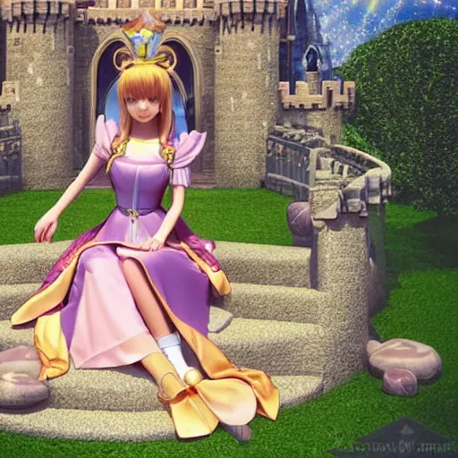 Image similar to a pleasant, beautiful, funny, smooth 3D CG render, semirealistic anime style, a noble priestess magician princess girl wearing dress and jewelry, in a glorious magic kingdom with castle and walls, relaxing calm vibes, fairytale, octane render