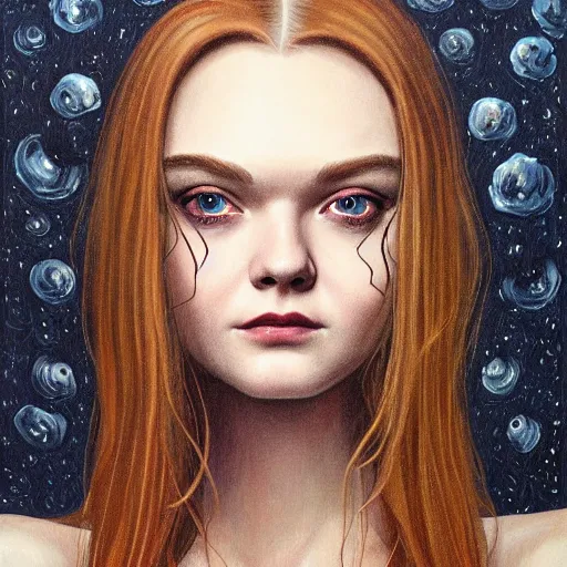 Prompt: professional painting of Elle Fanning in the style of Gerald Brom, head and shoulders portrait, symmetrical facial features, smooth, sharp focus, illustration, intricate, stormy weather, extremely detailed masterpiece,